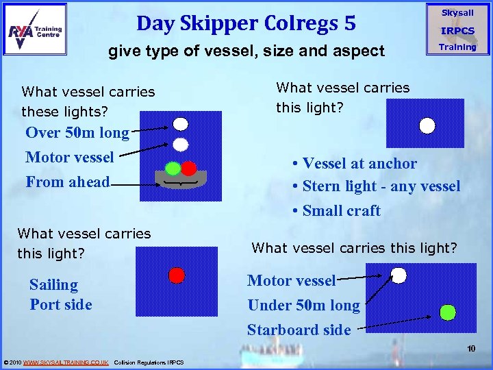 Day Skipper Colregs 5 give type of vessel, size and aspect What vessel carries