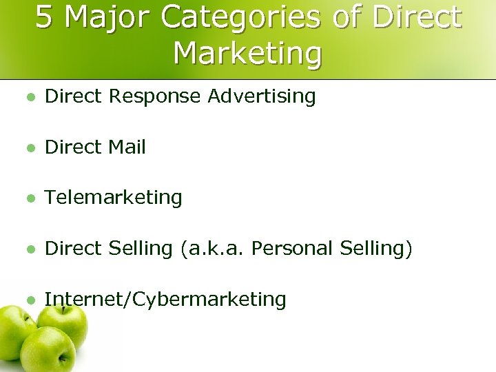 5 Major Categories of Direct Marketing l Direct Response Advertising l Direct Mail l