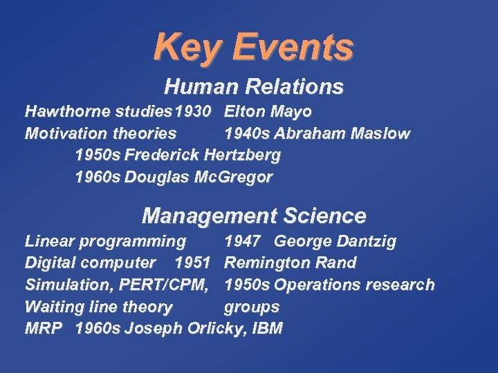 Key Events Human Relations Hawthorne studies 1930 Elton Mayo Motivation theories 1940 s Abraham