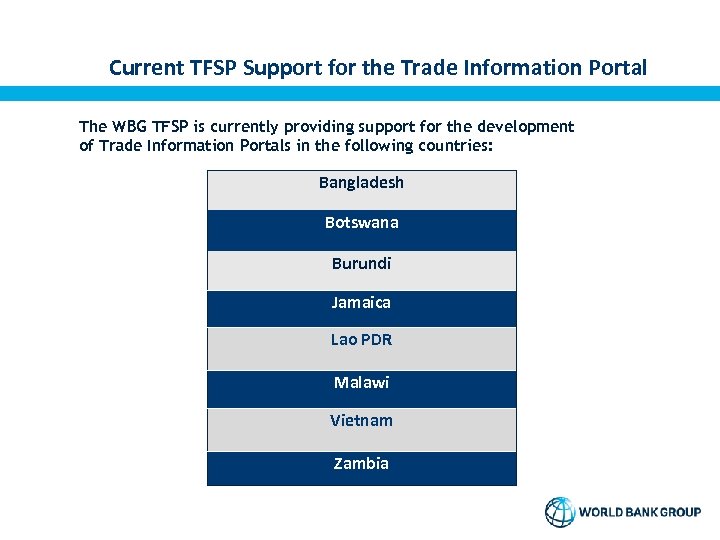 Current TFSP Support for the Trade Information Portal The WBG TFSP is currently providing