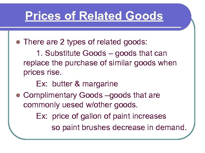 Prices of Related Goods There are 2 types of related goods: 1. Substitute Goods