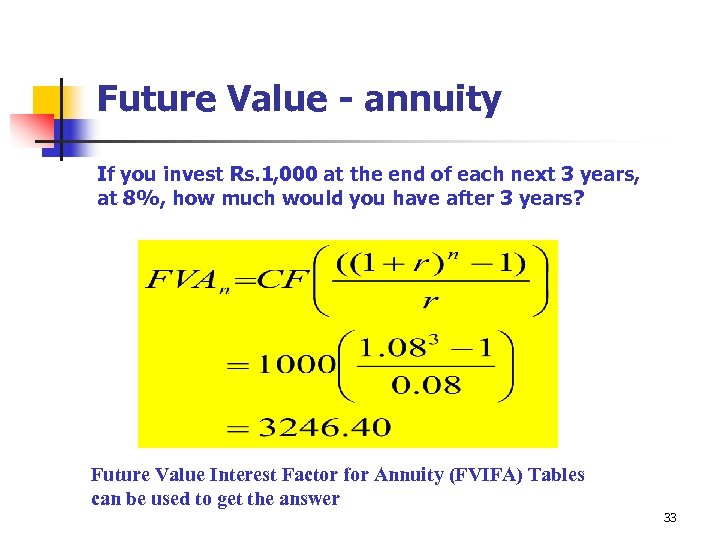 Future Value - annuity If you invest Rs. 1, 000 at the end of