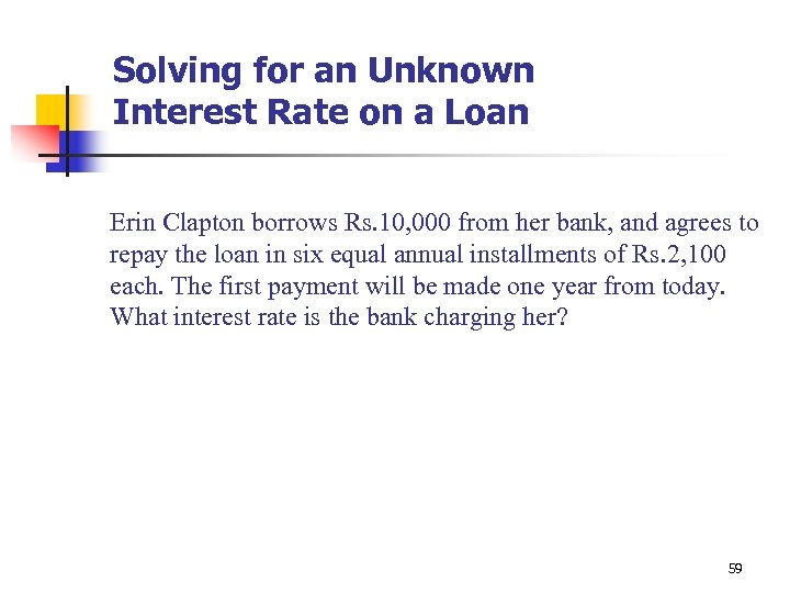 Solving for an Unknown Interest Rate on a Loan Erin Clapton borrows Rs. 10,