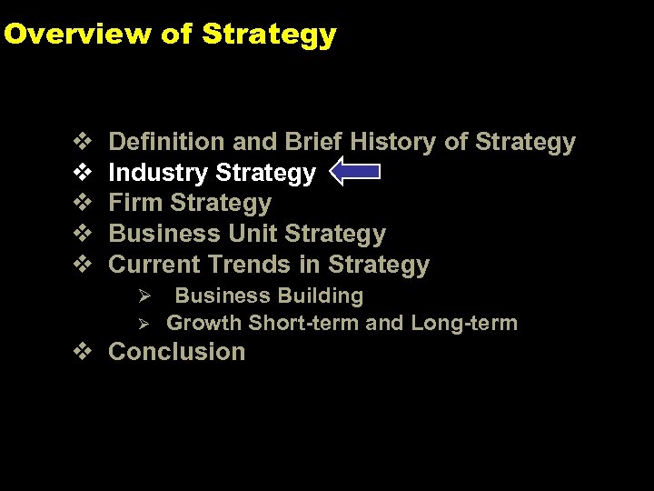 Overview of Strategy v v v Definition and Brief History of Strategy Industry Strategy