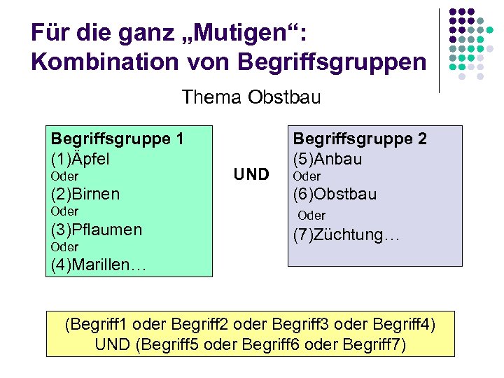 Für die ganz „Mutigen“: Kombination von Begriffsgruppen Thema Obstbau Begriffsgruppe 1 (1)Äpfel Oder (2)Birnen