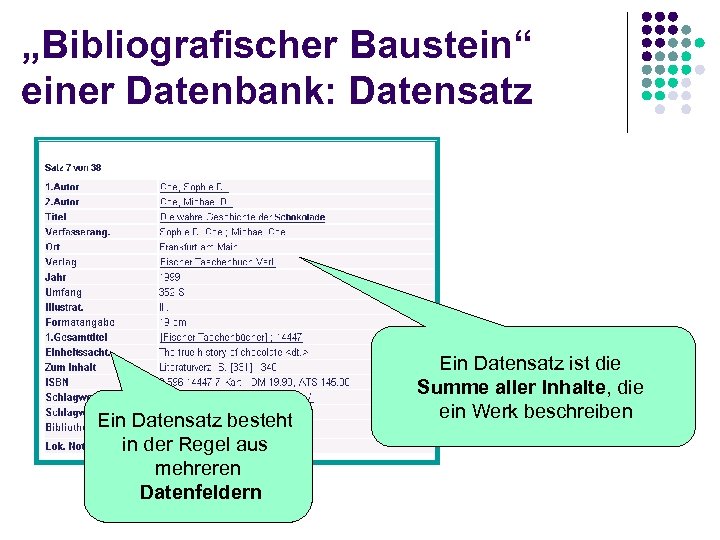 „Bibliografischer Baustein“ einer Datenbank: Datensatz Ein Datensatz besteht in der Regel aus mehreren Datenfeldern