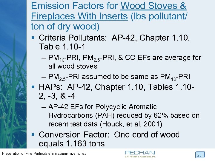 Emission Factors for Wood Stoves & Fireplaces With Inserts (lbs pollutant/ ton of dry