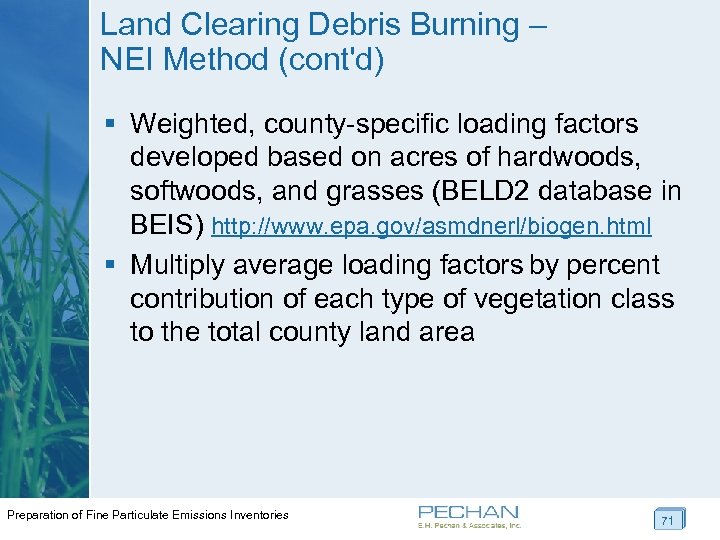 Land Clearing Debris Burning – NEI Method (cont'd) § Weighted, county-specific loading factors developed