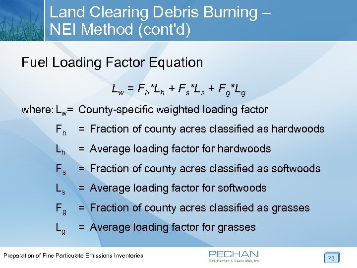 Land Clearing Debris Burning – NEI Method (cont'd) Fuel Loading Factor Equation Lw =