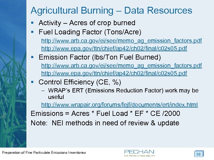 Agricultural Burning – Data Resources § Activity – Acres of crop burned § Fuel