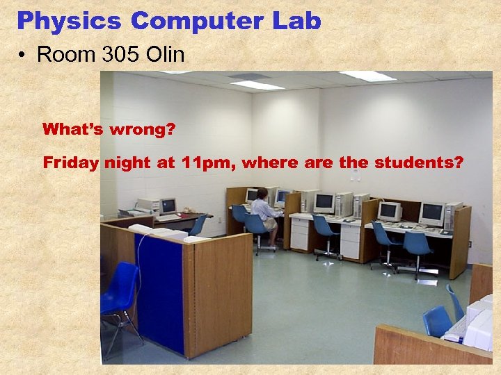 Physics Computer Lab • Room 305 Olin What’s wrong? Friday night at 11 pm,