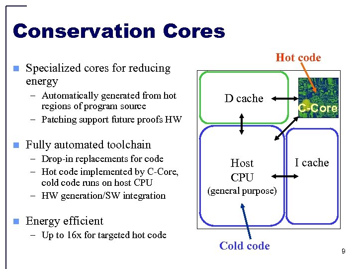 Conservation Cores n Specialized cores for reducing energy – Automatically generated from hot regions