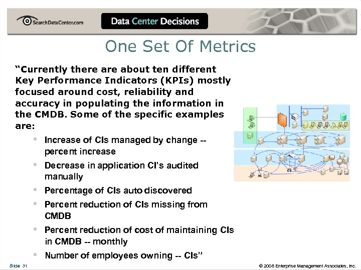 One Set Of Metrics “Currently there about ten different Key Performance Indicators (KPIs) mostly