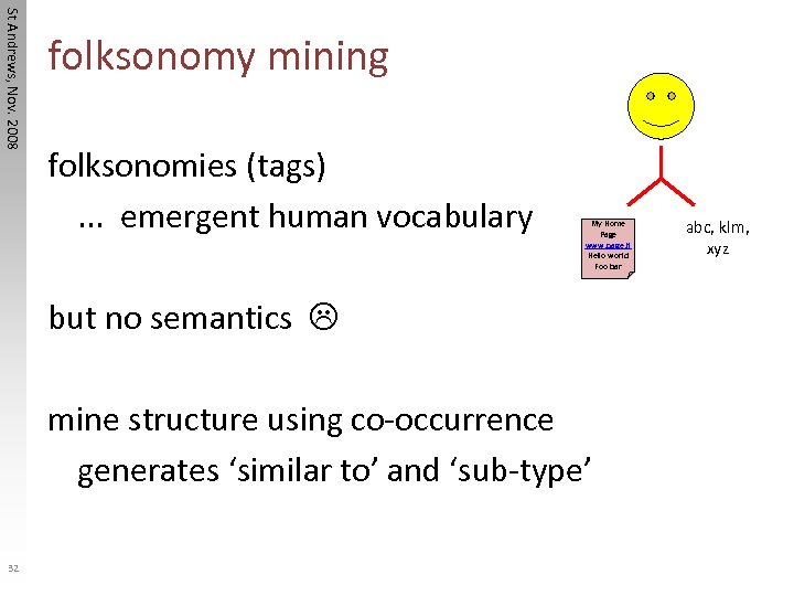 St Andrews, Nov. 2008 folksonomy mining folksonomies (tags). . . emergent human vocabulary My