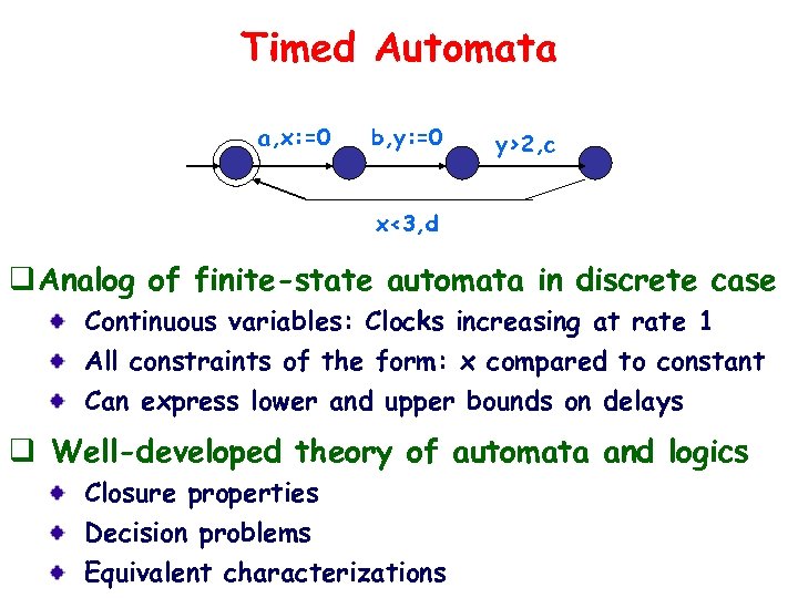 Timed Automata a, x: =0 b, y: =0 y>2, c x<3, d q Analog