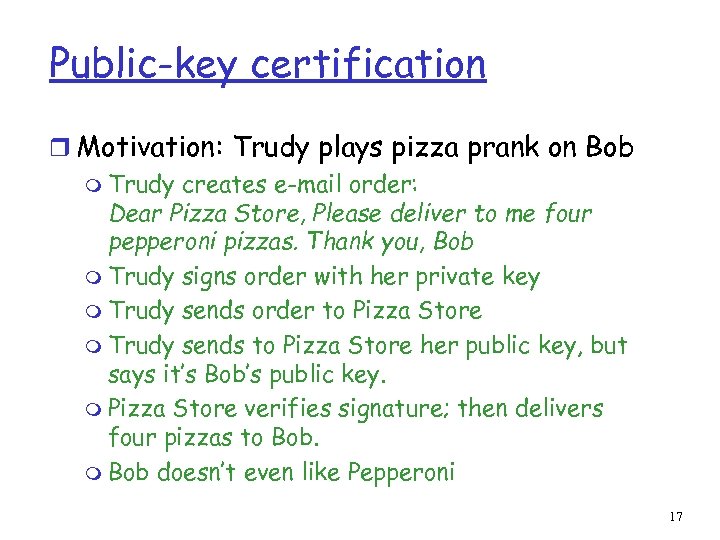 Public-key certification r Motivation: Trudy plays pizza prank on Bob m Trudy creates e-mail