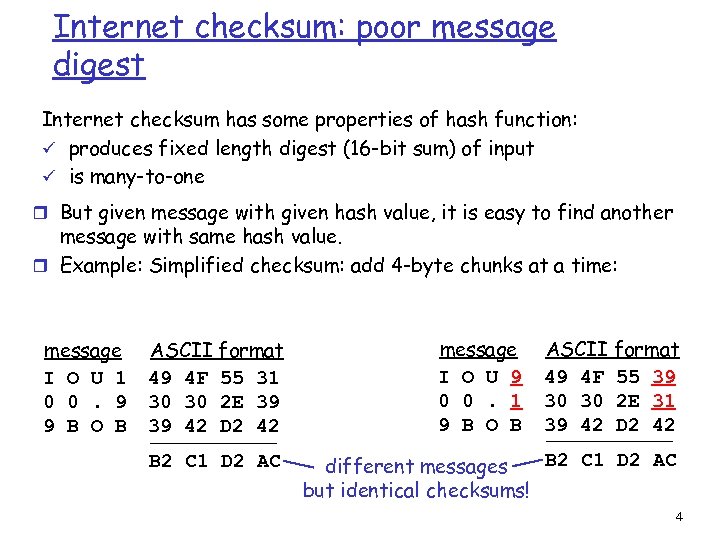 Internet checksum: poor message digest Internet checksum has some properties of hash function: ü