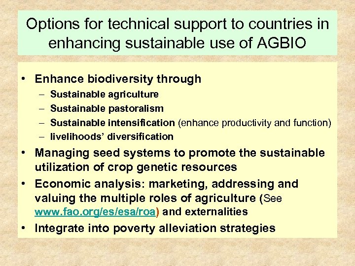 Options for technical support to countries in enhancing sustainable use of AGBIO • Enhance