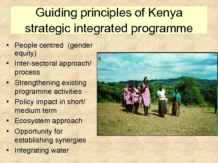 Guiding principles of Kenya strategic integrated programme • People centred (gender equity) • Inter-sectoral