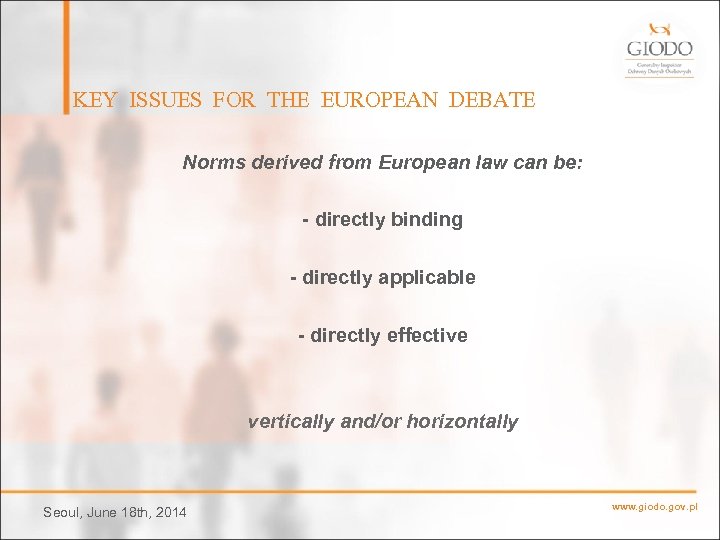 KEY ISSUES FOR THE EUROPEAN DEBATE Norms derived from European law can be: -