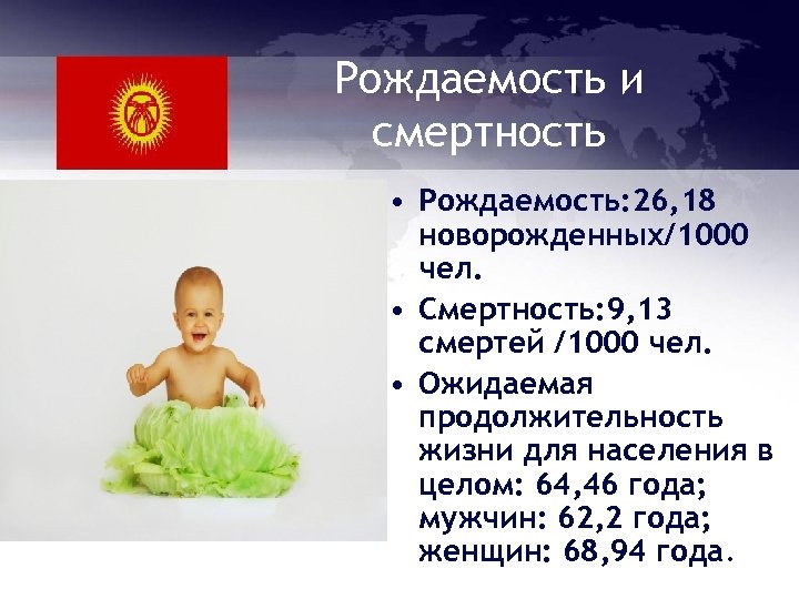 Рождаемость и смертность • Рождаемость: 26, 18 новорожденных/1000 чел. • Смертность: 9, 13 смертей