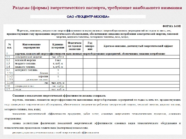 Разделы (формы) энергетического паспорта, требующие наибольшего внимания 