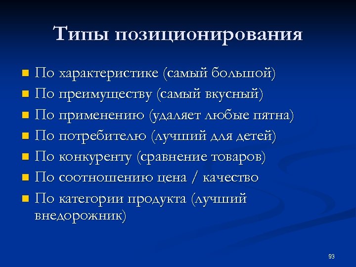 Типы позиционирования По характеристике (самый большой) n По преимуществу (самый вкусный) n По применению