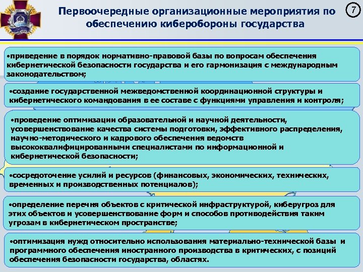 Первоочередные организационные мероприятия по обеспечению киберобороны государства • приведение в порядок нормативно-правовой базы по