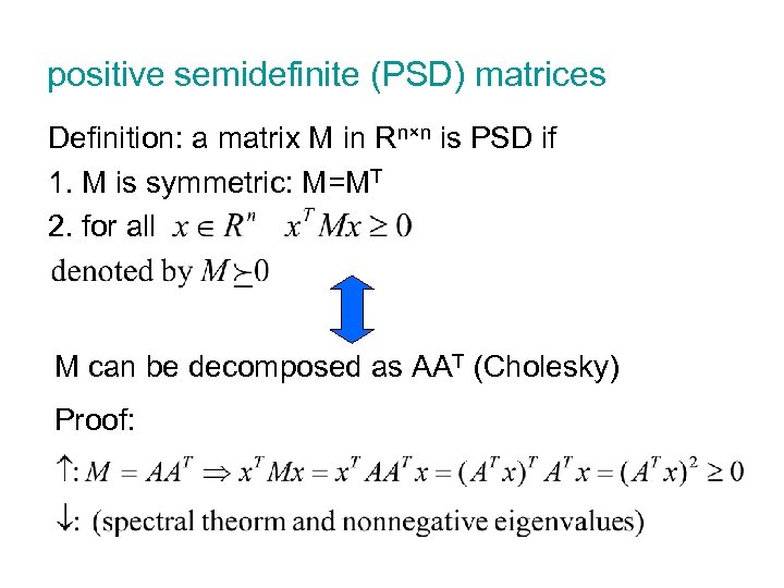 positive semidefinite (PSD) matrices Definition: a matrix M in Rn×n is PSD if 1.