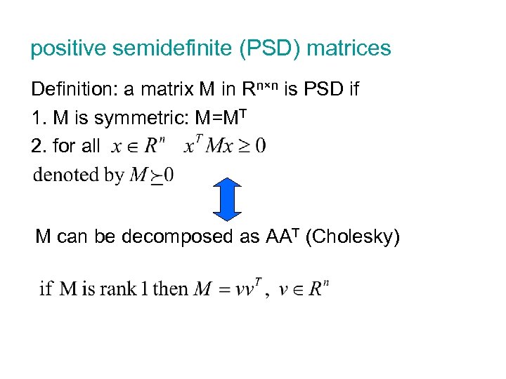 positive semidefinite (PSD) matrices Definition: a matrix M in Rn×n is PSD if 1.