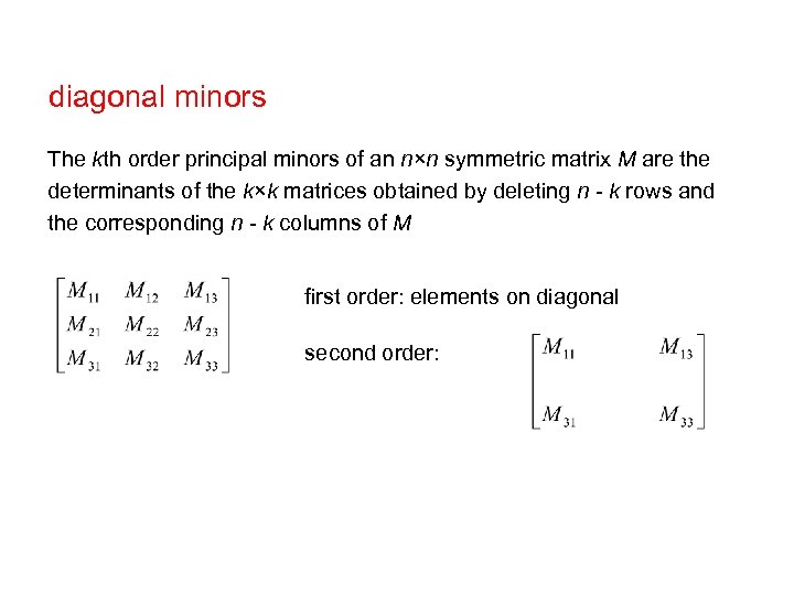 diagonal minors The kth order principal minors of an n×n symmetric matrix M are