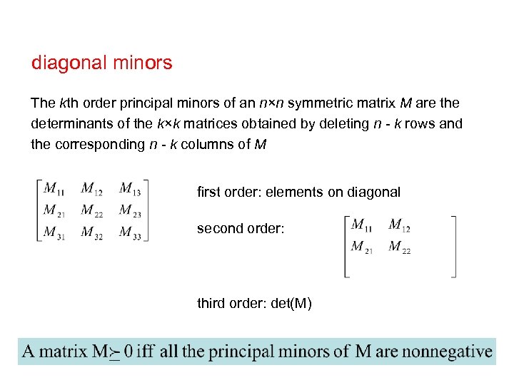 diagonal minors The kth order principal minors of an n×n symmetric matrix M are