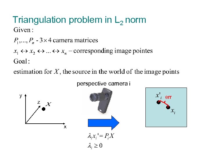 Triangulation problem in L 2 norm perspective camera i y err z x 