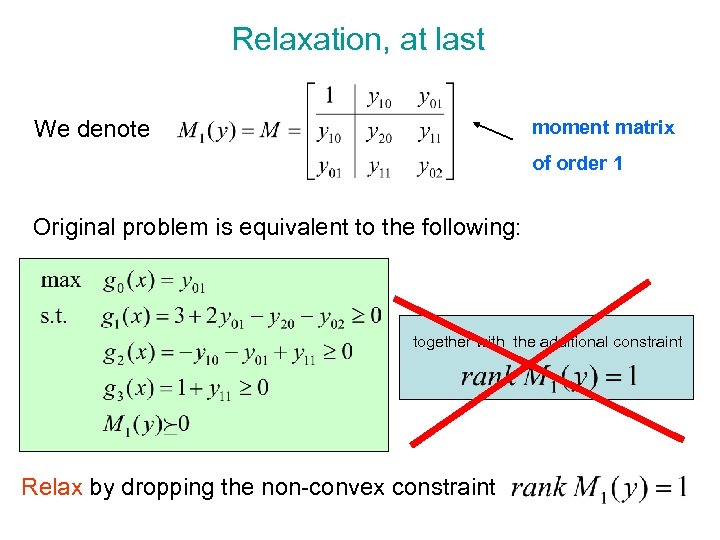 Relaxation, at last We denote moment matrix of order 1 Original problem is equivalent