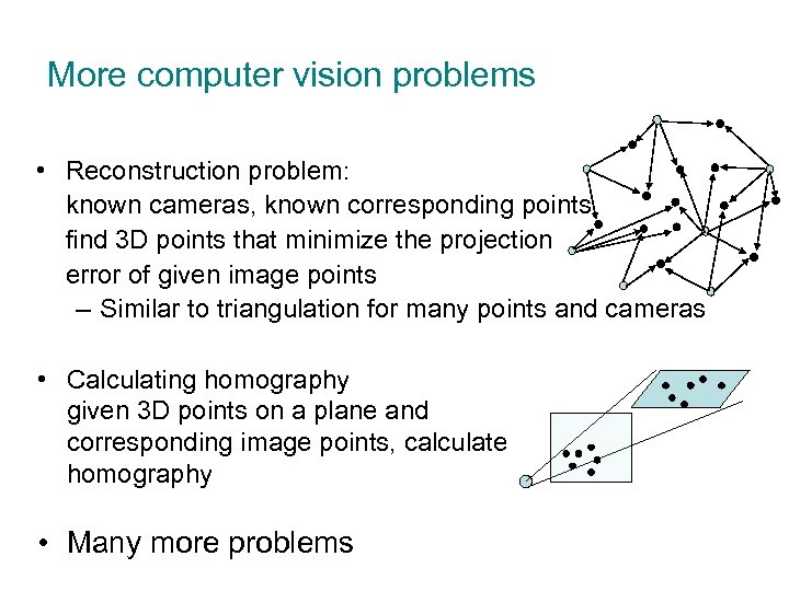 More computer vision problems • Reconstruction problem: known cameras, known corresponding points find 3