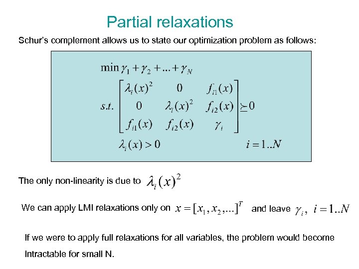 Partial relaxations Schur’s complement allows us to state our optimization problem as follows: The