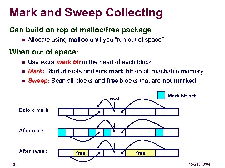 Mark and Sweep Collecting Can build on top of malloc/free package n Allocate using