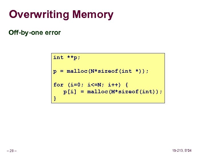 Overwriting Memory Off-by-one error int **p; p = malloc(N*sizeof(int *)); for (i=0; i<=N; i++)
