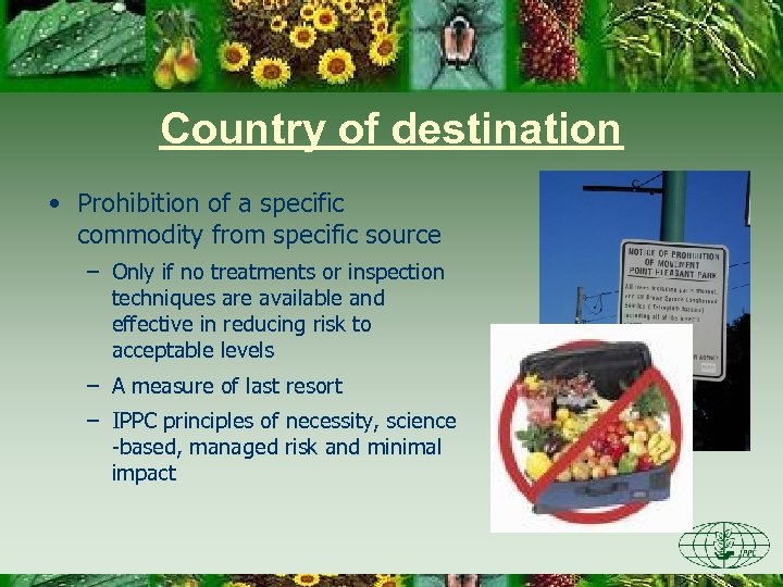 Country of destination • Prohibition of a specific commodity from specific source – Only