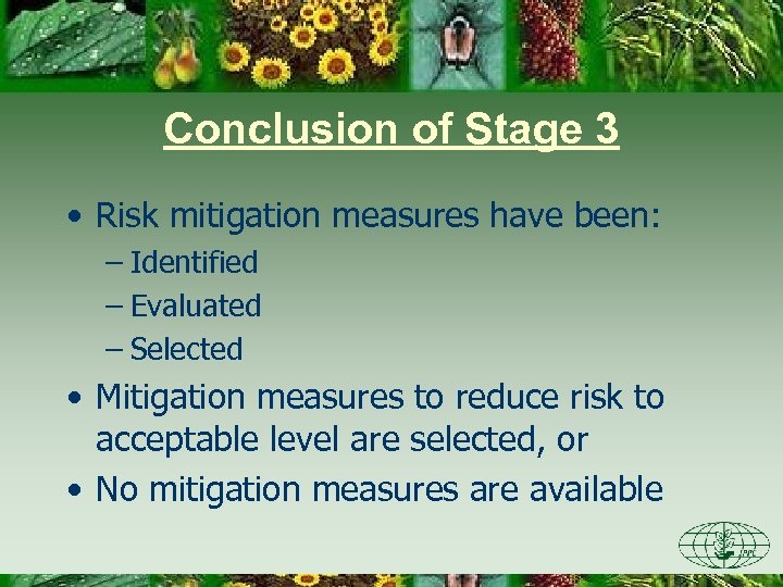 Conclusion of Stage 3 • Risk mitigation measures have been: – Identified – Evaluated