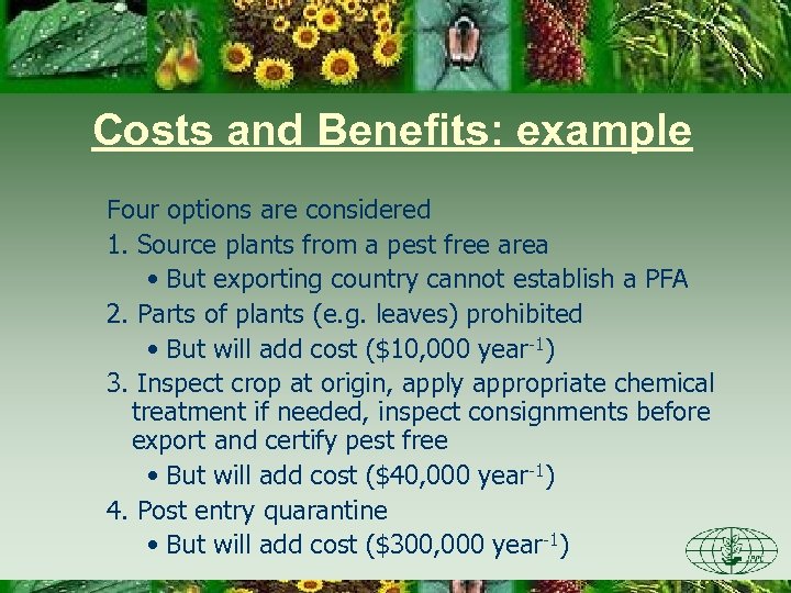 Costs and Benefits: example Four options are considered 1. Source plants from a pest