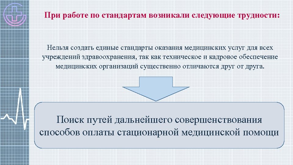 При работе по стандартам возникали следующие трудности: Нельзя создать единые стандарты оказания медицинских услуг