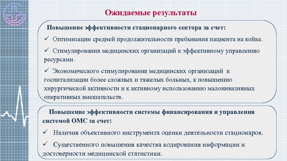 Ожидаемые результаты Повышение эффективности стационарного сектора за счет: ü Оптимизации средней продолжительности пребывания пациента