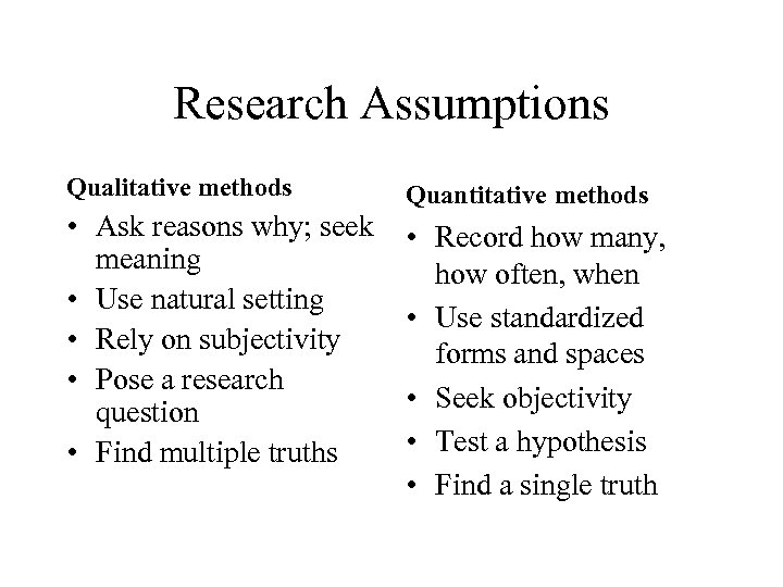 Research Assumptions Qualitative methods • Ask reasons why; seek meaning • Use natural setting