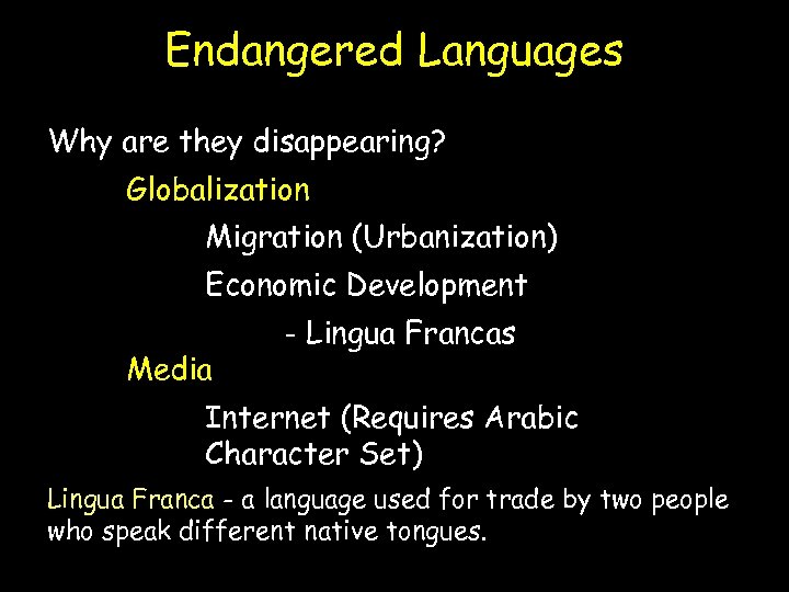 Endangered Languages Why are they disappearing? Globalization Migration (Urbanization) Economic Development Media - Lingua