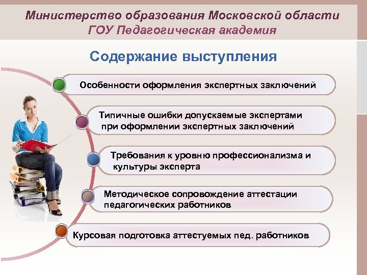 Министерство образования Московской области ГОУ Педагогическая академия Содержание выступления Особенности оформления экспертных заключений Типичные