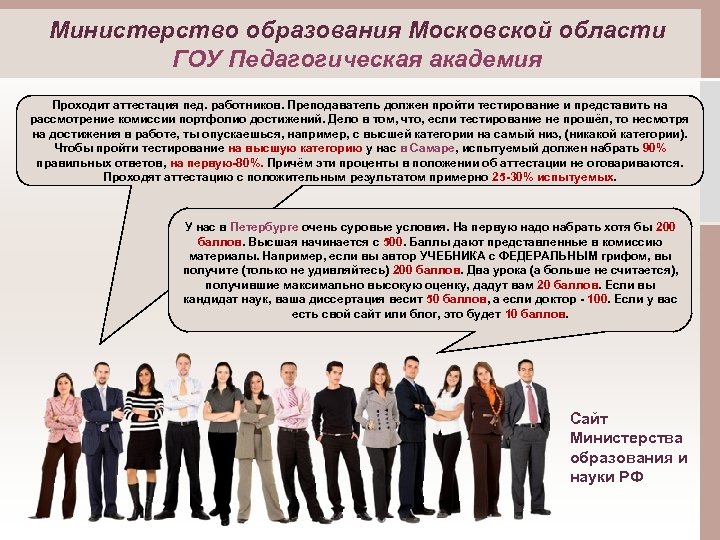 Министерство образования Московской области ГОУ Педагогическая академия Проходит аттестация пед. работников. Преподаватель должен пройти
