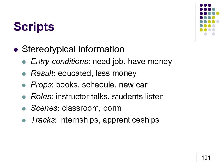 Scripts l Stereotypical information l l l Entry conditions: need job, have money Result:
