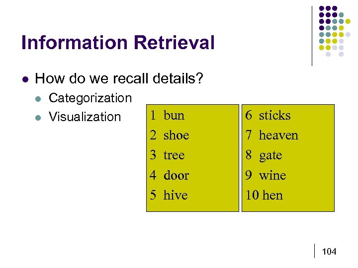 Information Retrieval l How do we recall details? l l Categorization Visualization 1 2