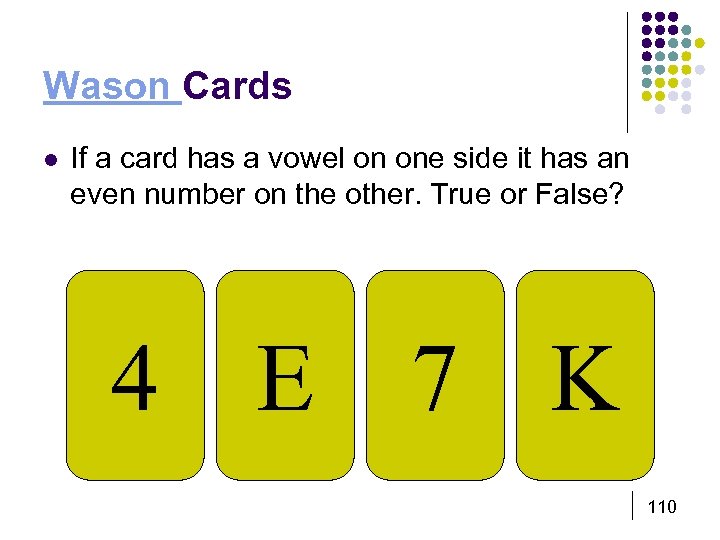 Wason Cards l If a card has a vowel on one side it has